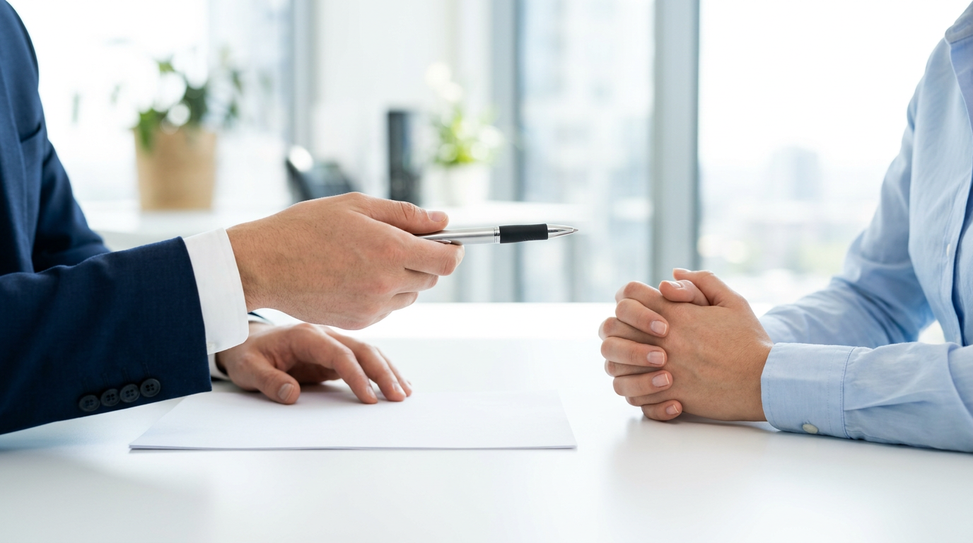 Business professional offering a pen and document to a client at a desk, illustrating lead-to-customer conversion
